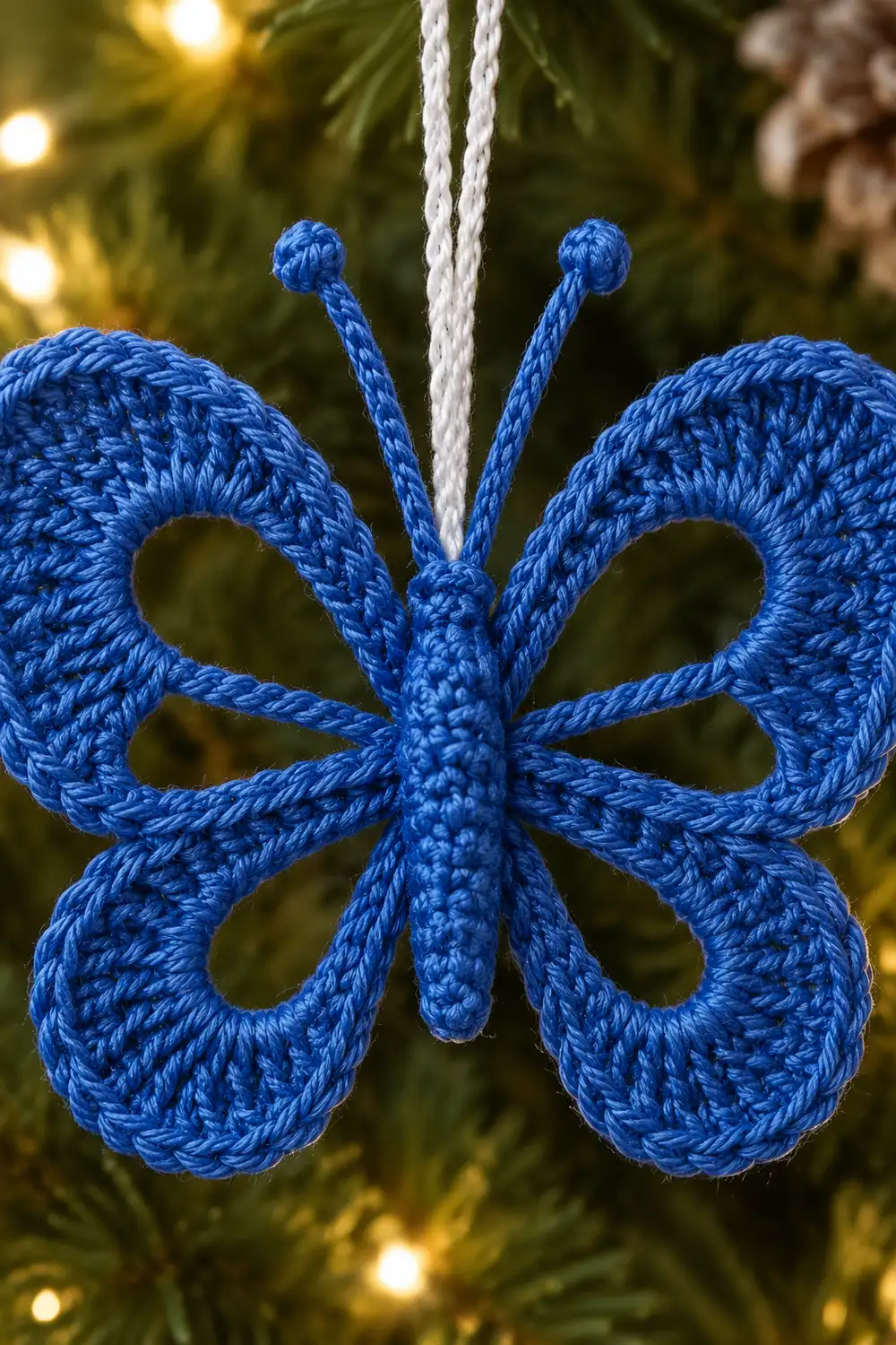 A handmade blue crocheted butterfly ornament hanging from a white string against evergreen branches and warm lights.