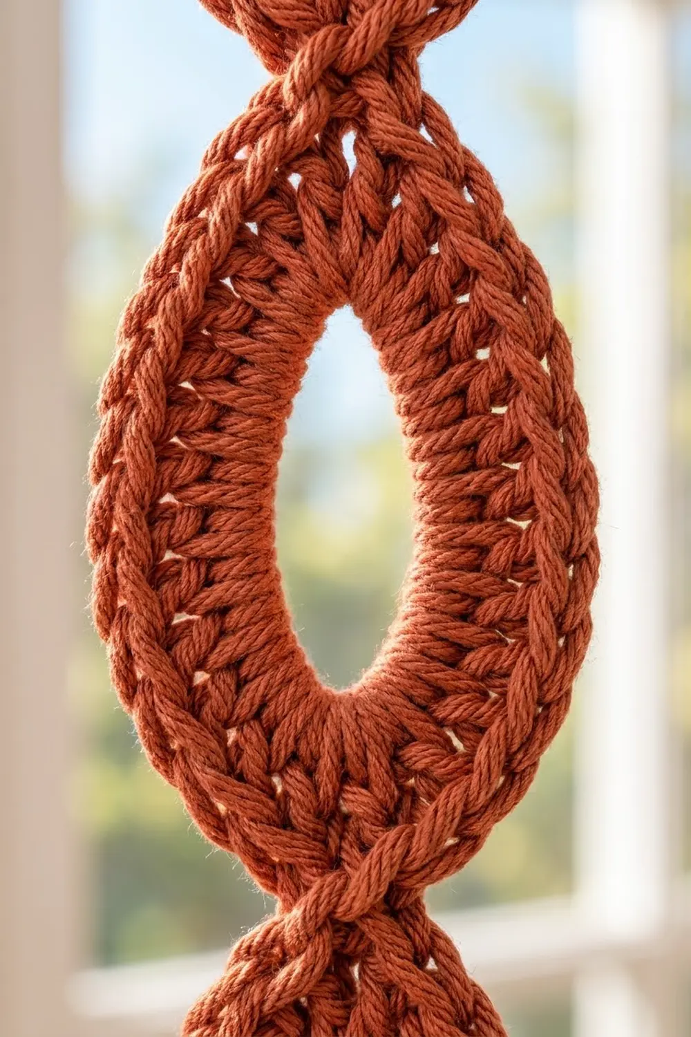 Rust-red crocheted teardrop with intricate openwork pattern, backlit against a softly blurred outdoor backdrop.