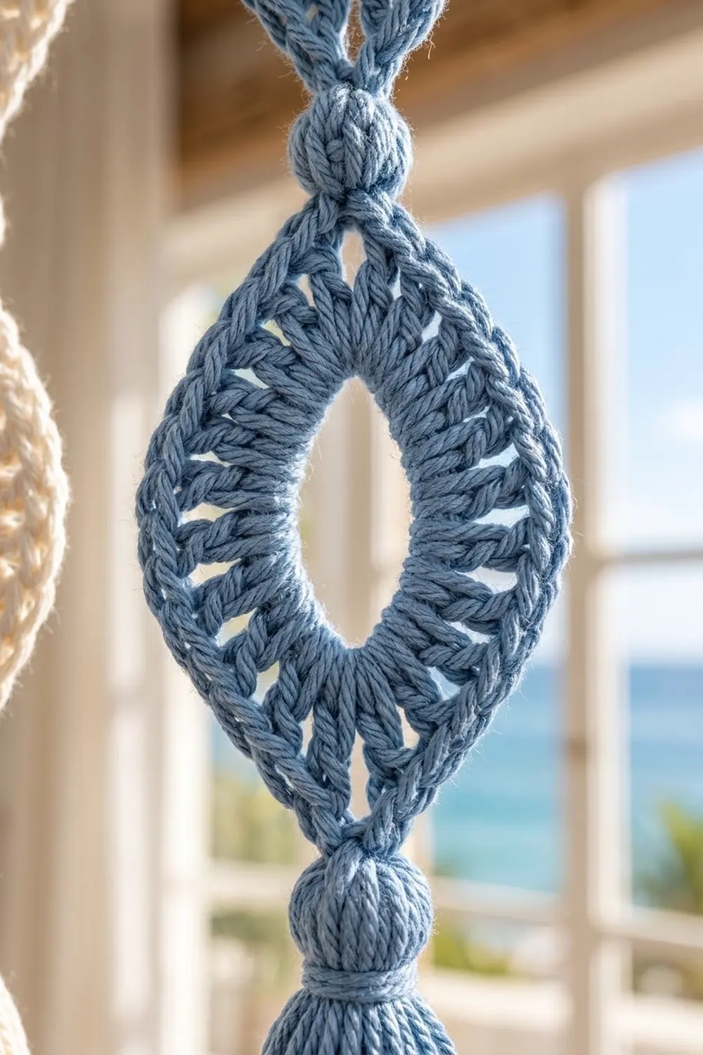 Crocheted dusty blue pendant with lacy diamond cutouts, hanging backlit against a sunny interior window.