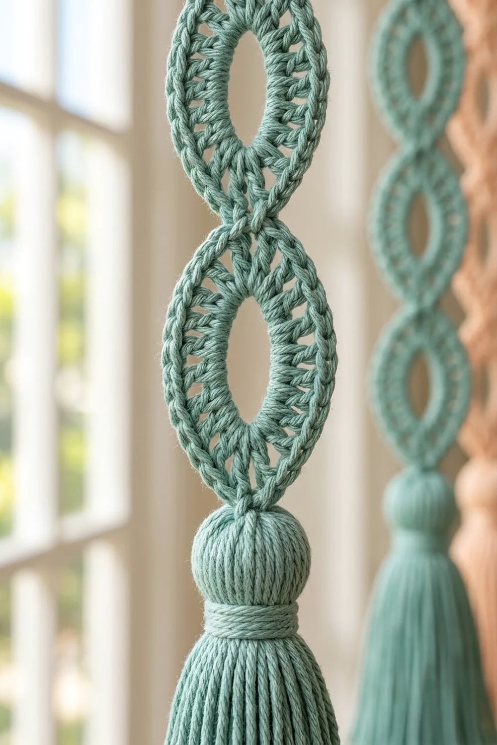 Sage-green crocheted ornament featuring open lace ovals with wrapped pompom base, displayed in natural window light.