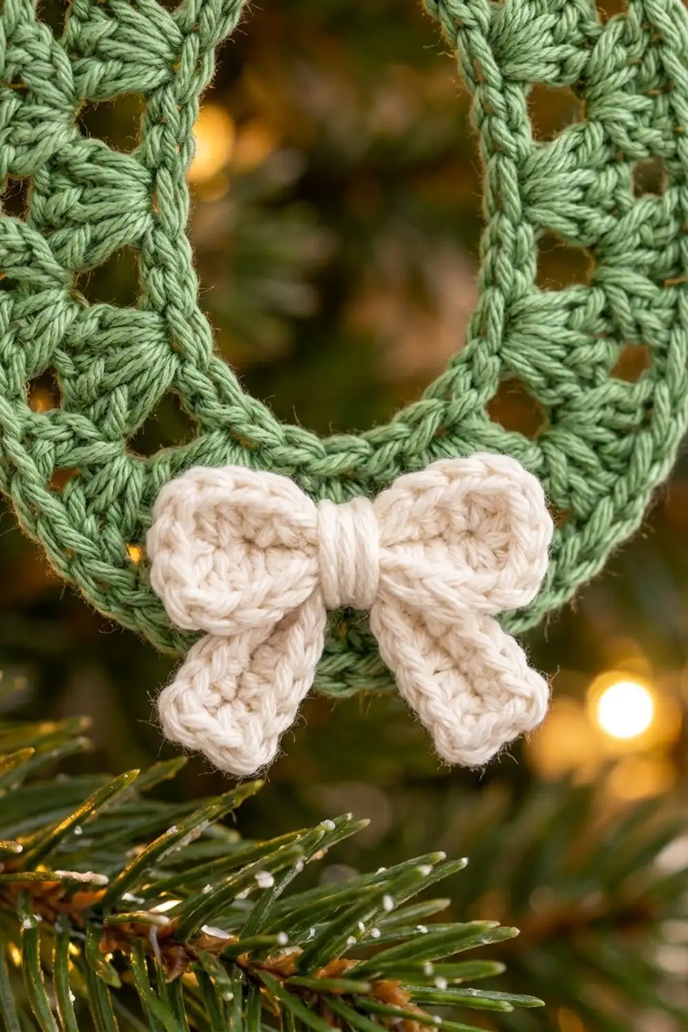Cream crochet bow decorates green netted garland above snow-dusted evergreen with golden holiday bokeh lighting.