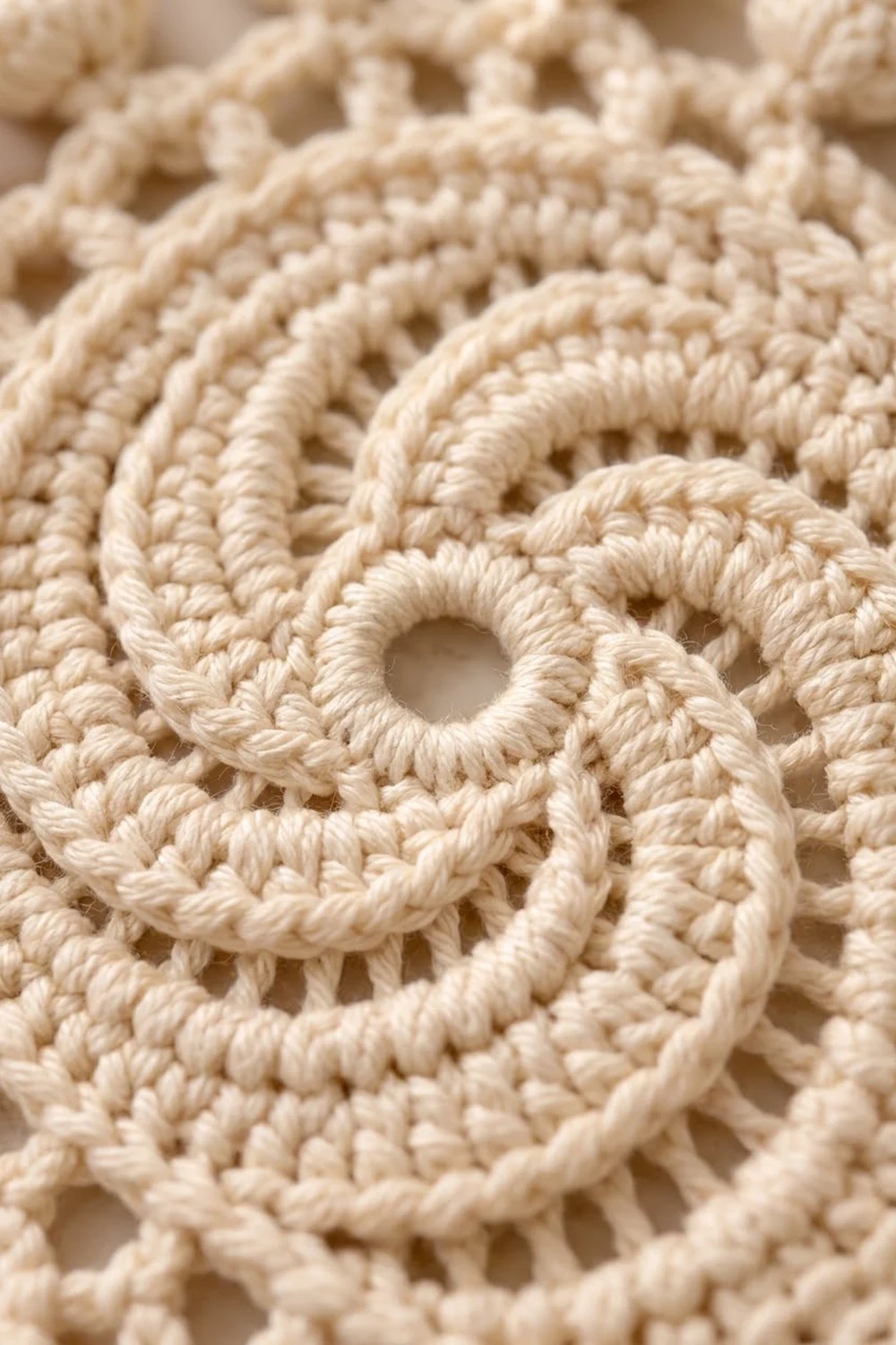 Closeup of cream-colored crocheted lace showing intricately looped yarn with delicate openwork pattern details.