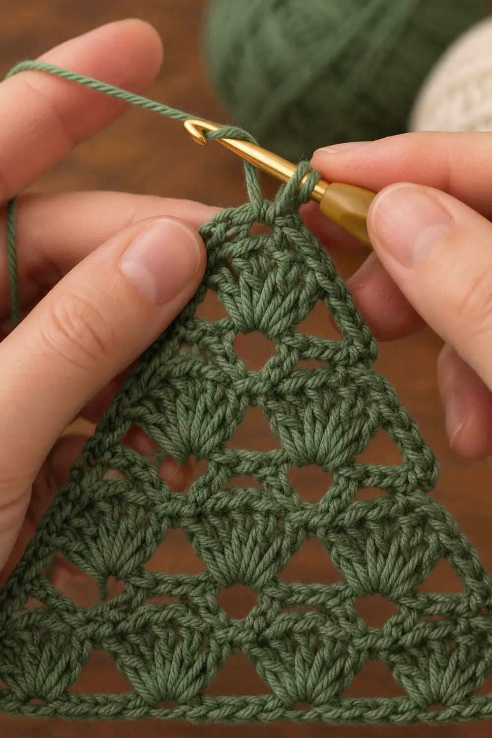 Close-up of hands crocheting sage green yarn with a brass hook, showing detailed lace pattern.