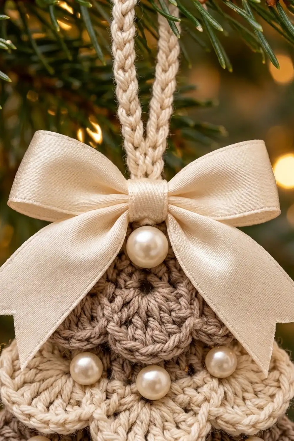 Cream crocheted ornament with pearl beads and ribbon bow, hanging from braided cord with evergreen foliage behind.