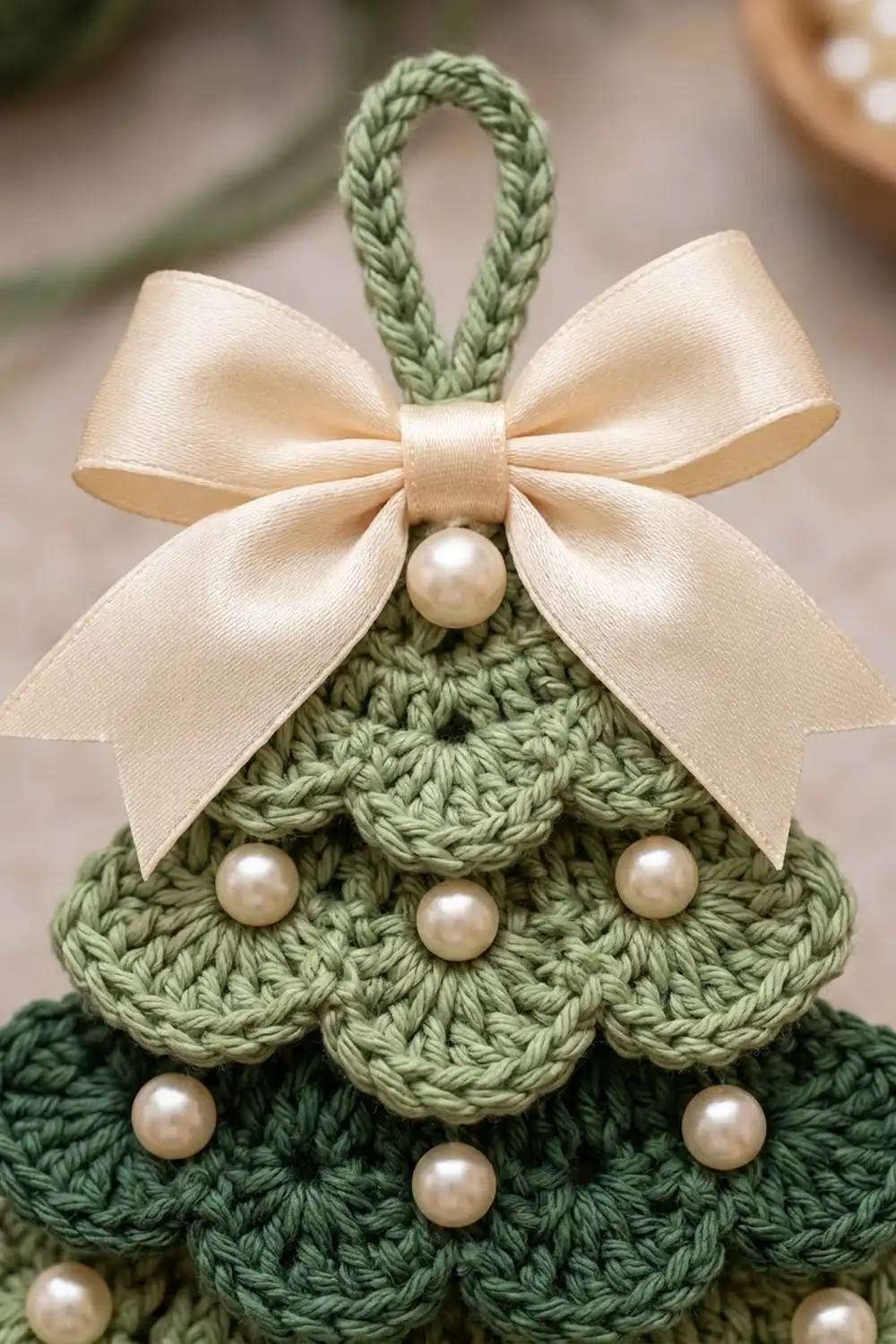 Crocheted sage-green Christmas tree ornament with cream silk bow and pearl bead accents, featuring a braided hanging loop.