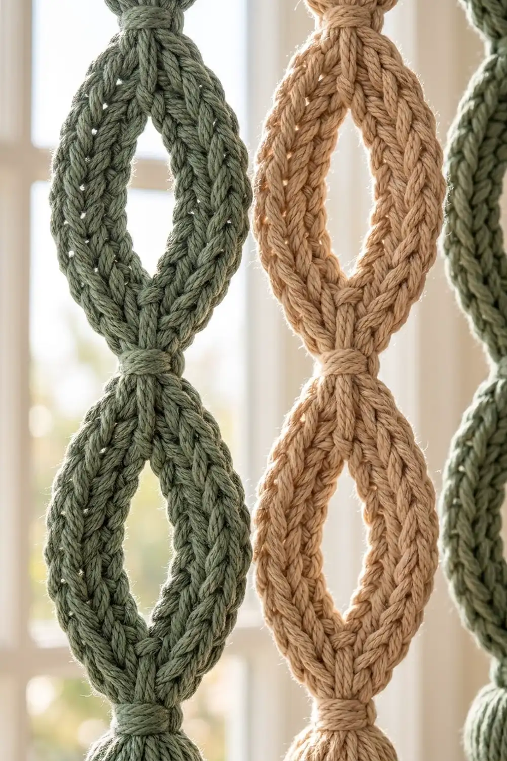 Braided rope cords in sage green and tan twisted into decorative loops near a bright window.