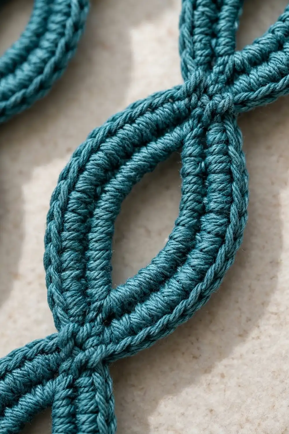 Close-up of teal braided rope with intricate woven texture against a neutral beige background.