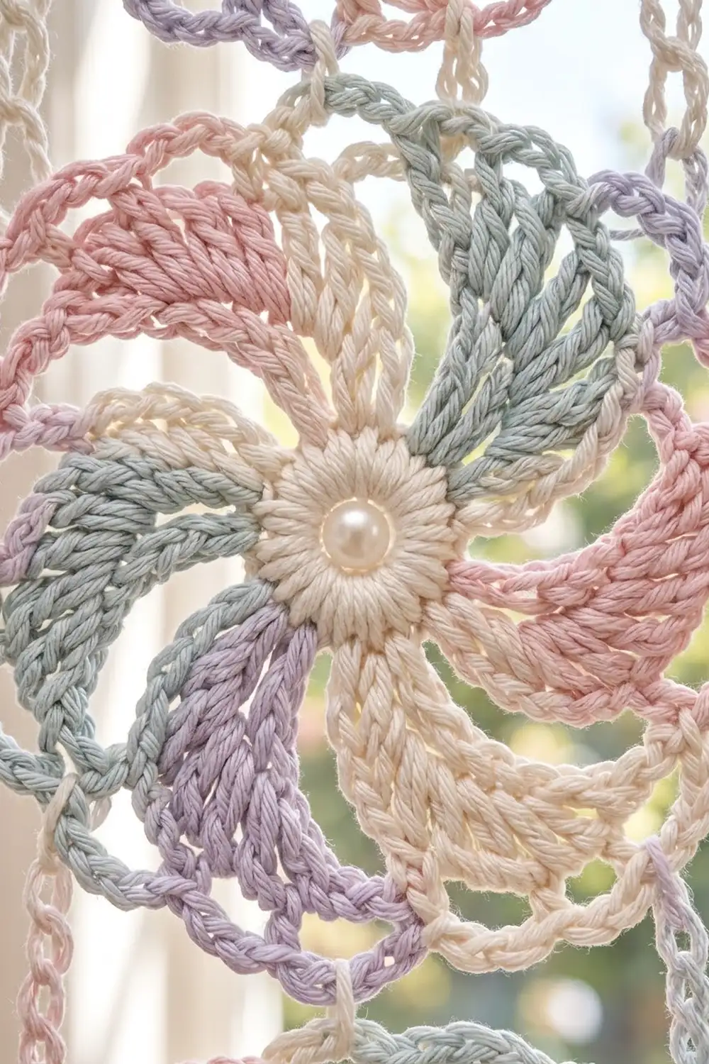Crocheted flower with soft pastel petals in pink, lavender, sage, and cream radiating from a pearl center.