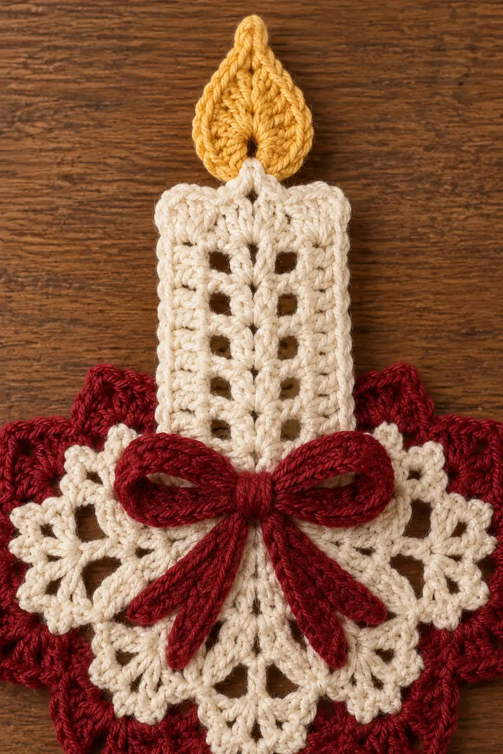 Crocheted candle ornament with golden flame, cream body, red bow, and snowflake base on wooden surface.