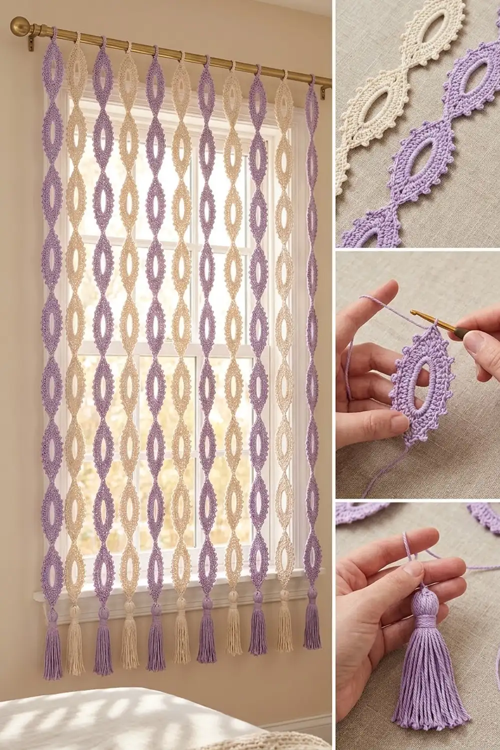 Closeup detail of crocheted lace trim in lavender and cream showing diamond openwork pattern and tasseled edges.