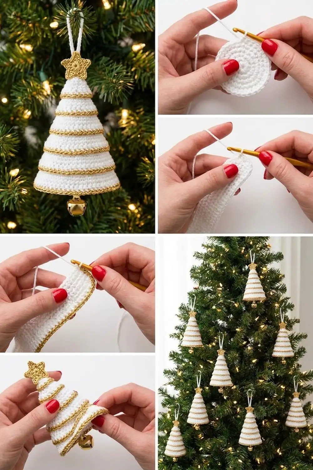Process and finished handmade crocheted white and gold striped Christmas tree ornaments hanging on evergreen branches with lights.