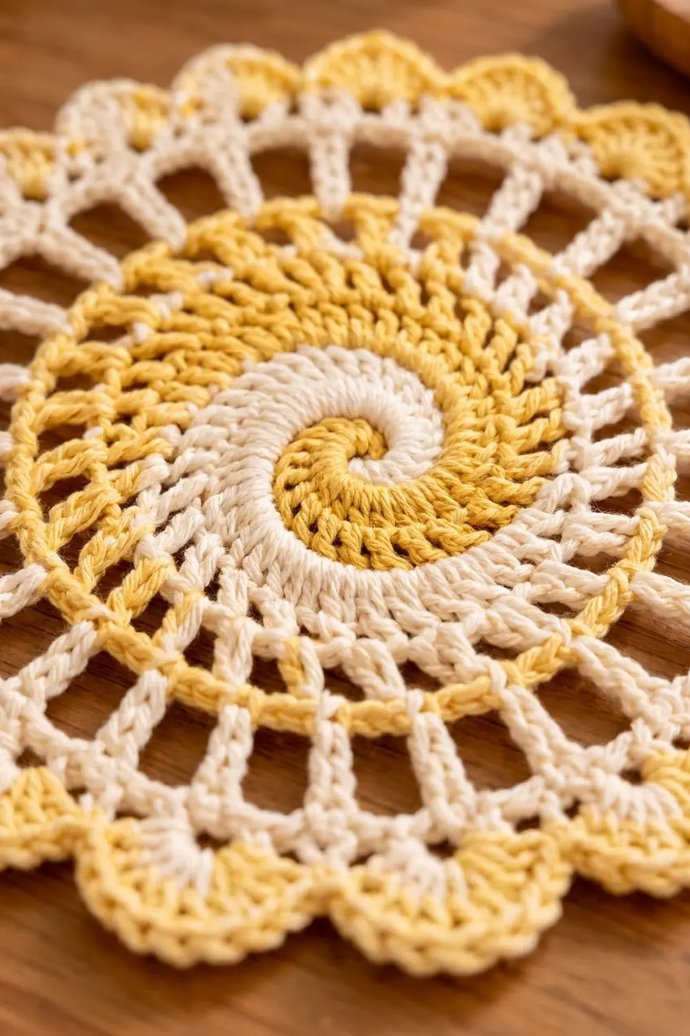 Crocheted lace doily in gold and cream with an intricate spiral center motif on a wooden background.