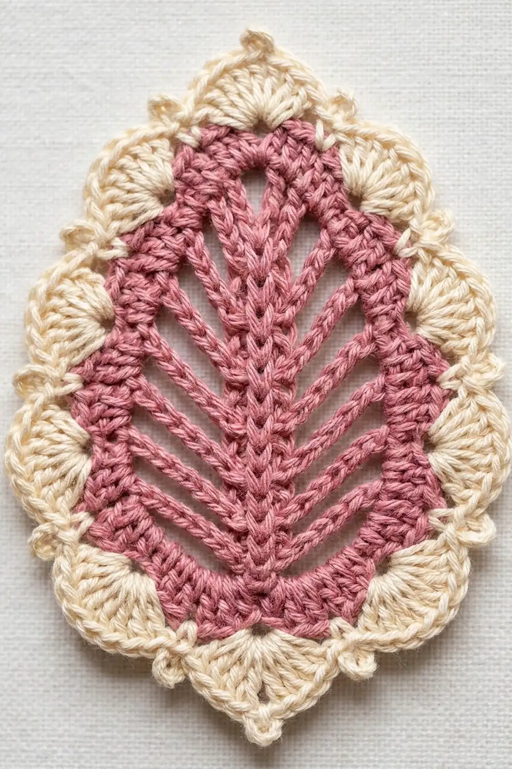 Cream and mauve crocheted leaf motif with scalloped edging and textured chevron pattern detail against light linen.