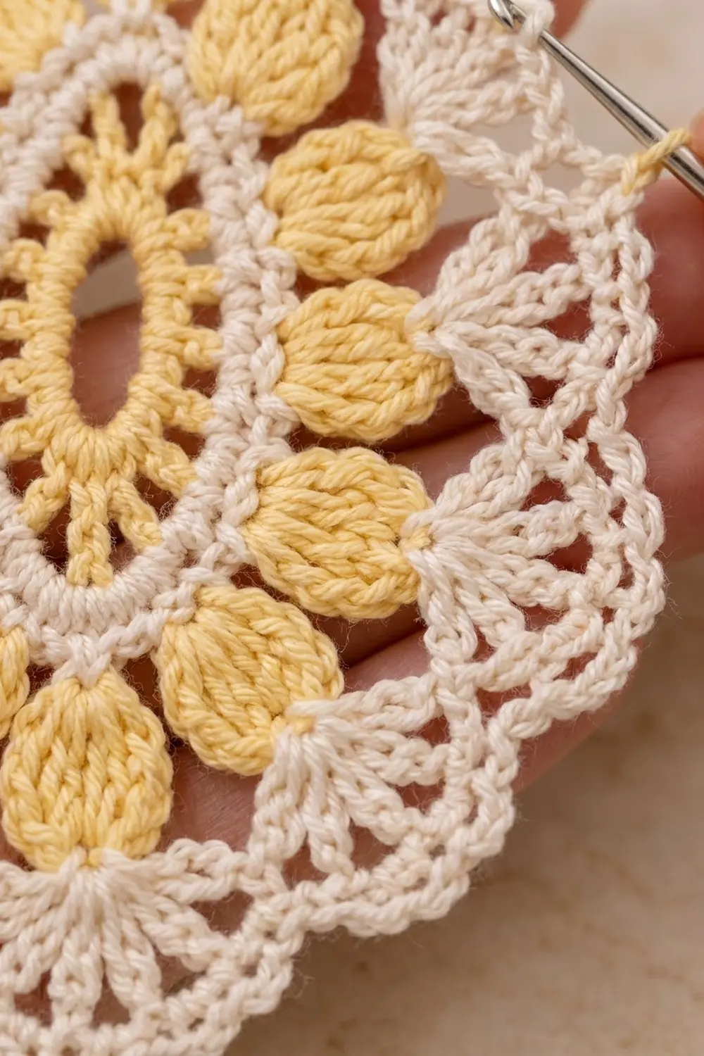 Detailed crochet lace trim in pale yellow and cream with popcorn stitches on a hook, showing dimensional textile craftsmanship.