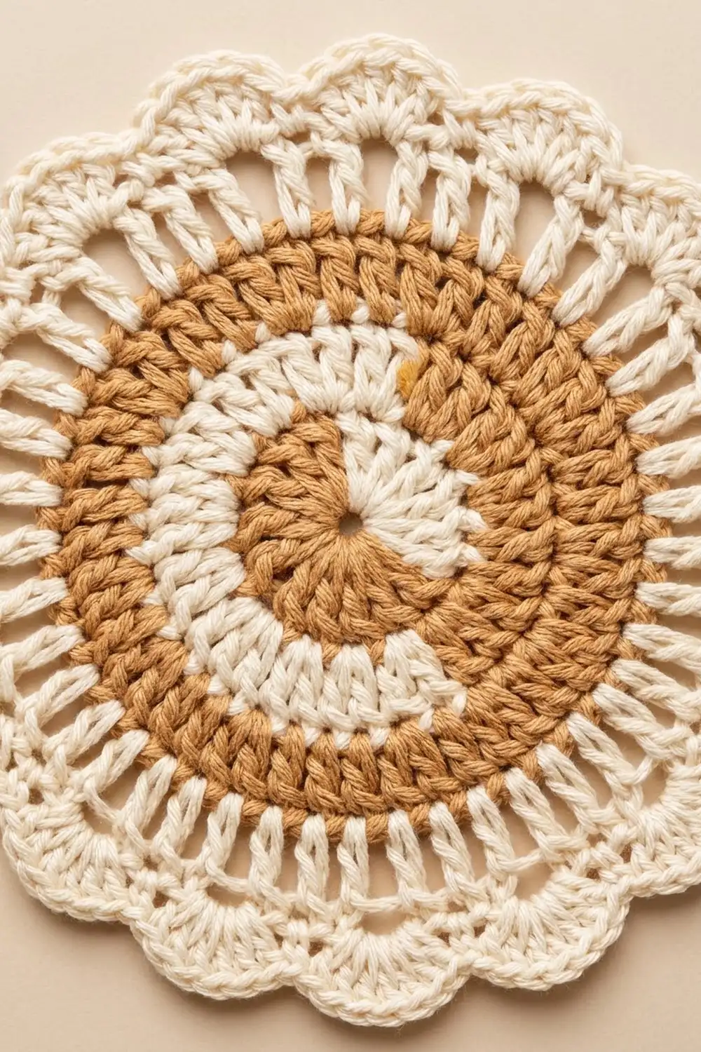 Crocheted mandala featuring cream and tan yarn in concentric circles with textured stitches against a soft beige background.