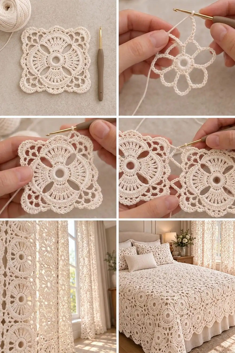Delicate cream crochet lace squares with ornate shell-fan details, demonstrated in the making and applied as textiles.