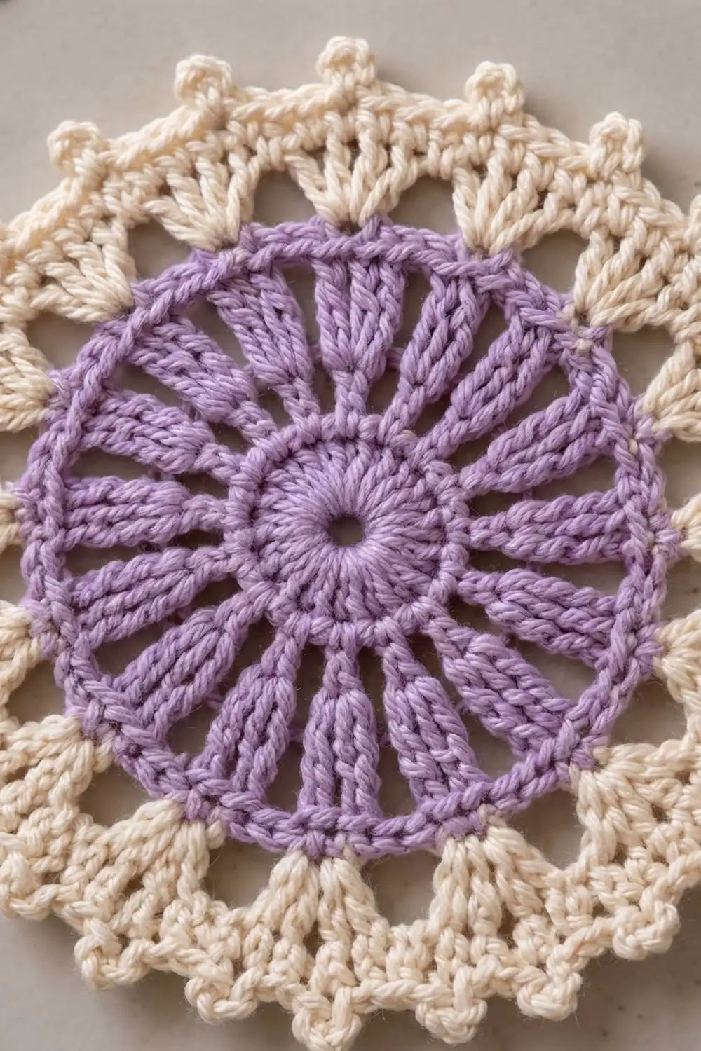 Purple crocheted medallion with radiating pattern surrounded by cream-colored scalloped border on neutral background.