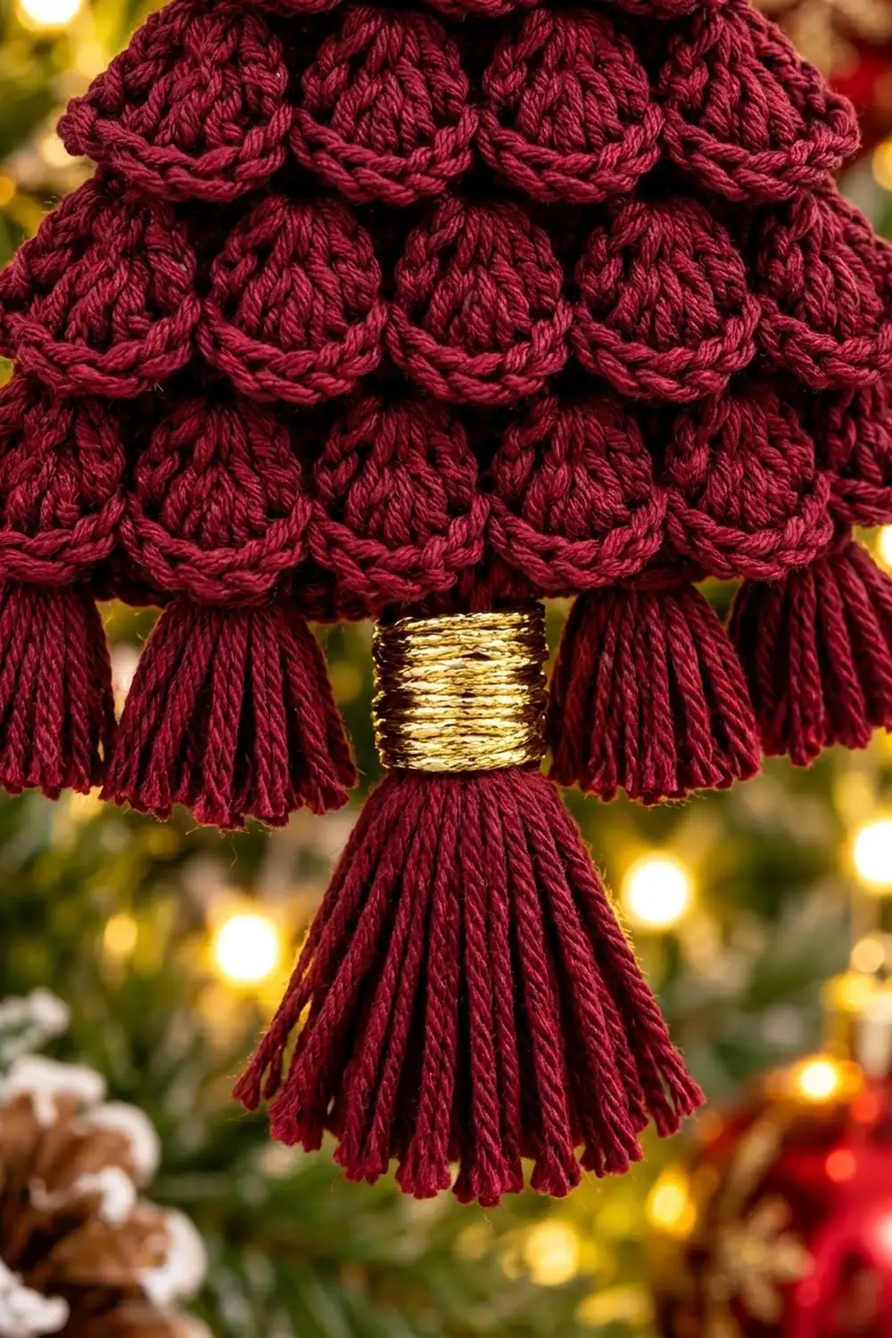 Deep burgundy crochet ornament with scalloped layers, gold metallic band, and yarn tassel accents against a blurred holiday bokeh background.