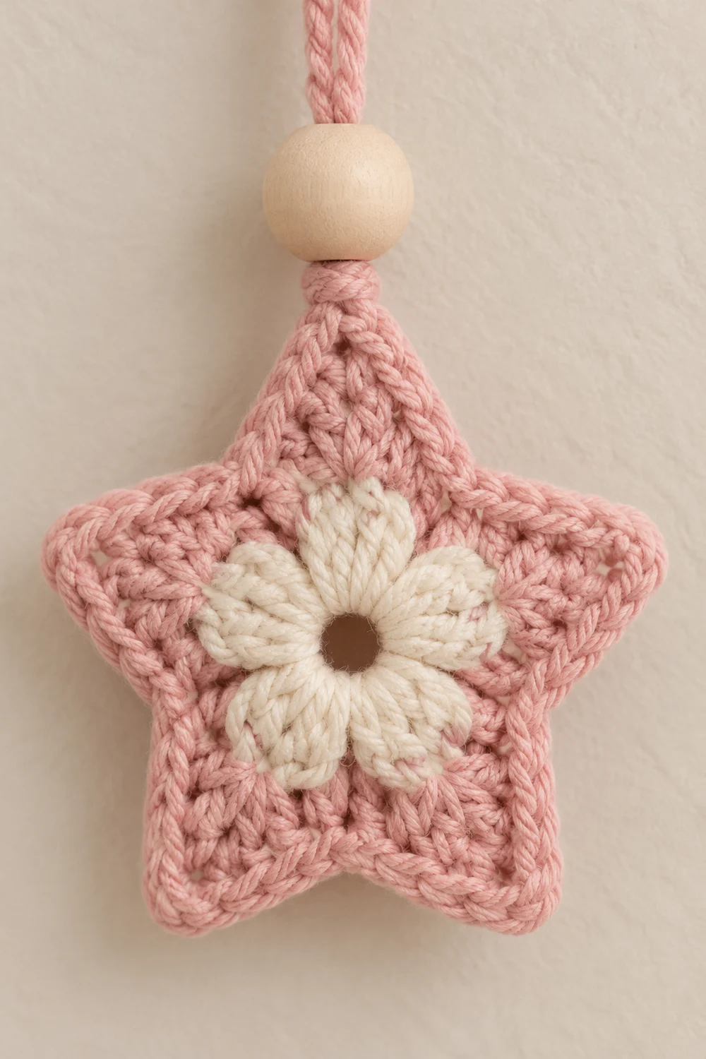 A crocheted pink star ornament with a cream flower center, suspended by a pink cord and wooden bead.
