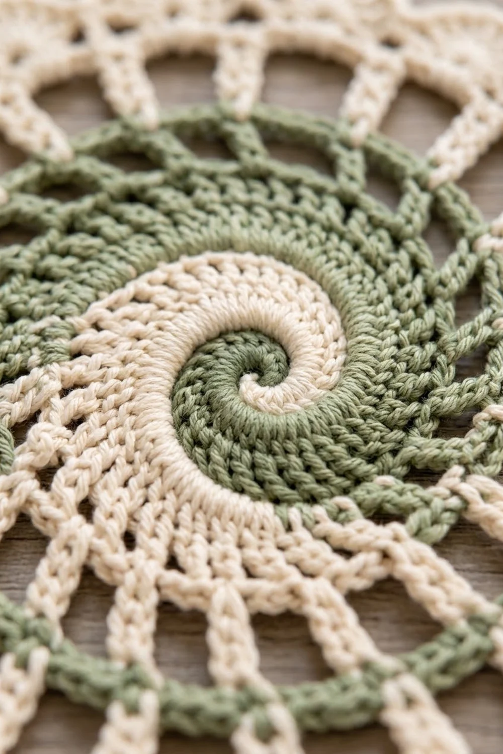 A cream and sage green crocheted spiral motif with intricate dimensional stitching.