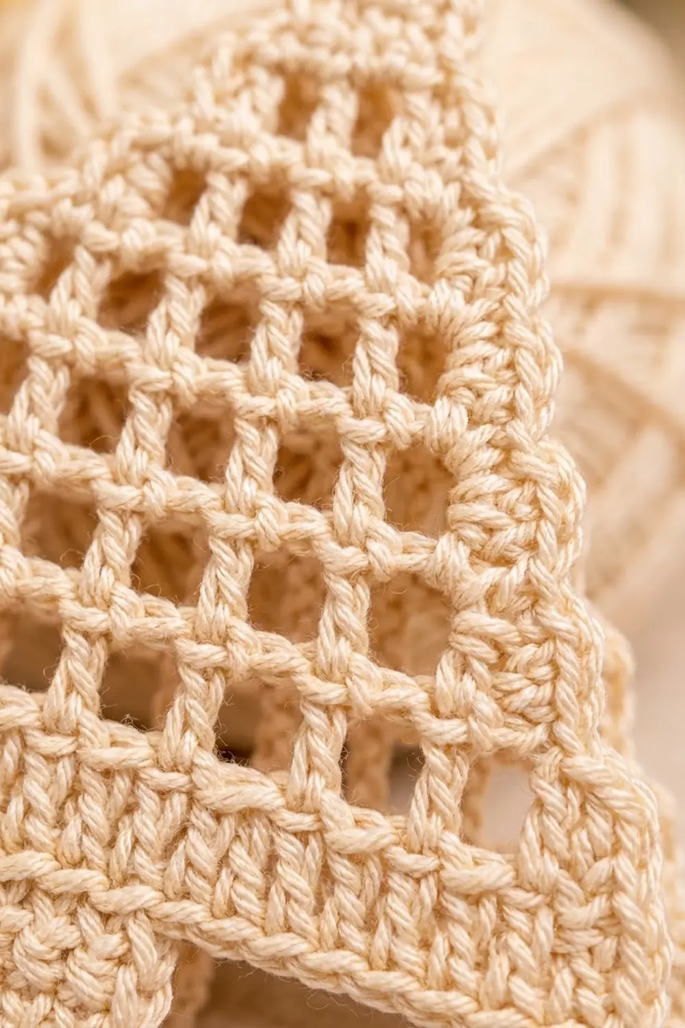 Cream crocheted lace detail showing an open mesh stitch pattern with twisted yarn texture.