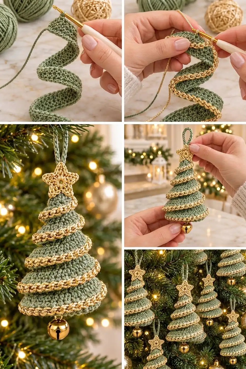 Handmade crocheted Christmas tree ornaments in sage green with gold metallic spiral details and bells hanging from branches.