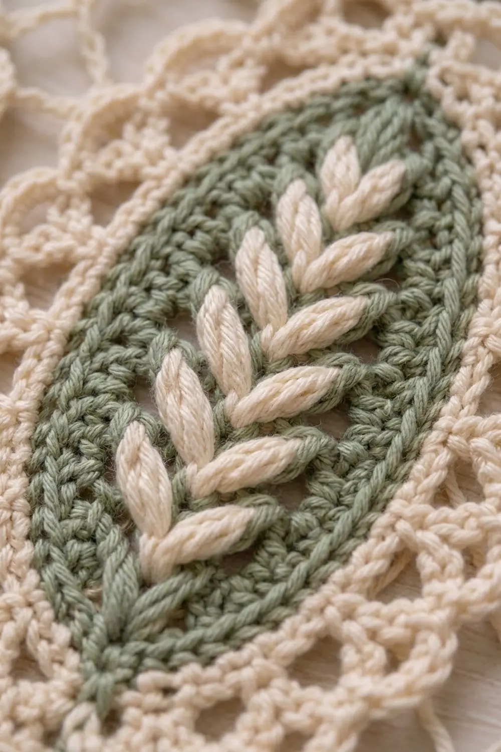 Close-up of cream and sage green crochet fabric with white twisted cord woven through in a decorative diagonal pattern.