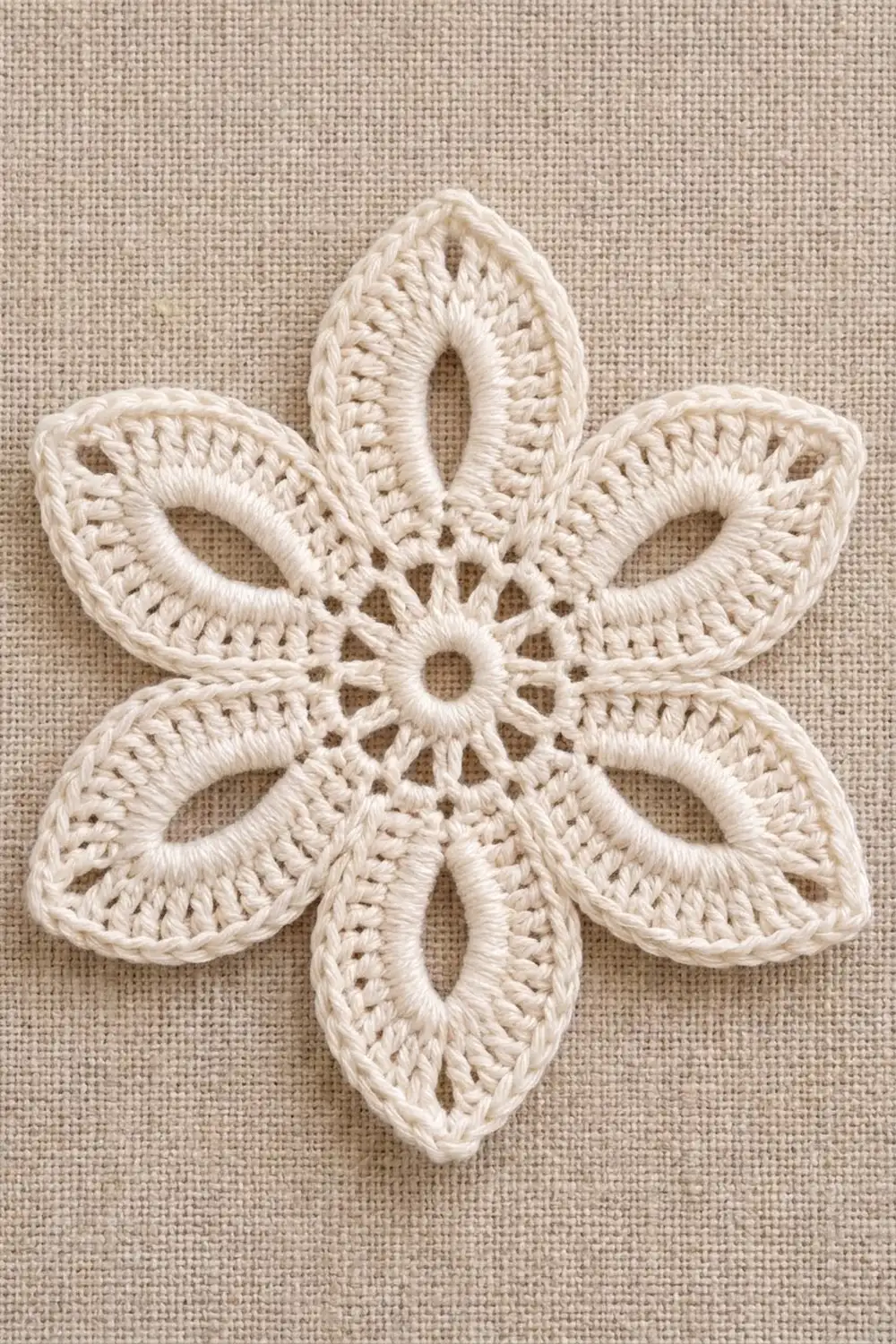Delicate cream crochet flower with five lacy petals and ornate center on neutral linen.