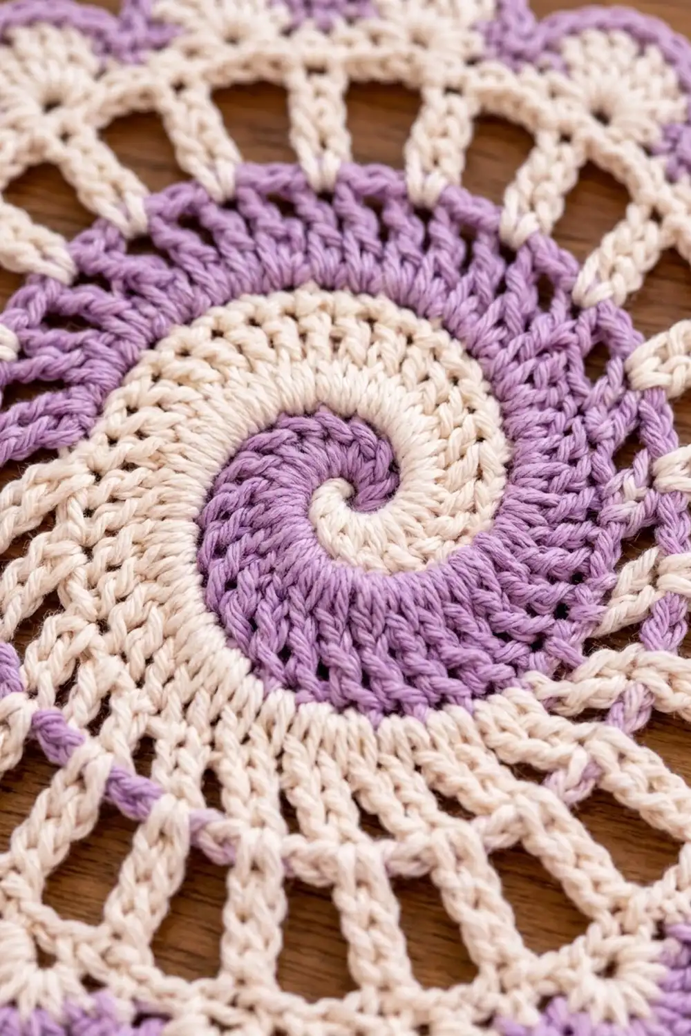 Close-up of a crocheted spiral pattern in lavender and cream yarn, showing detailed textured stitches on a wooden surface.
