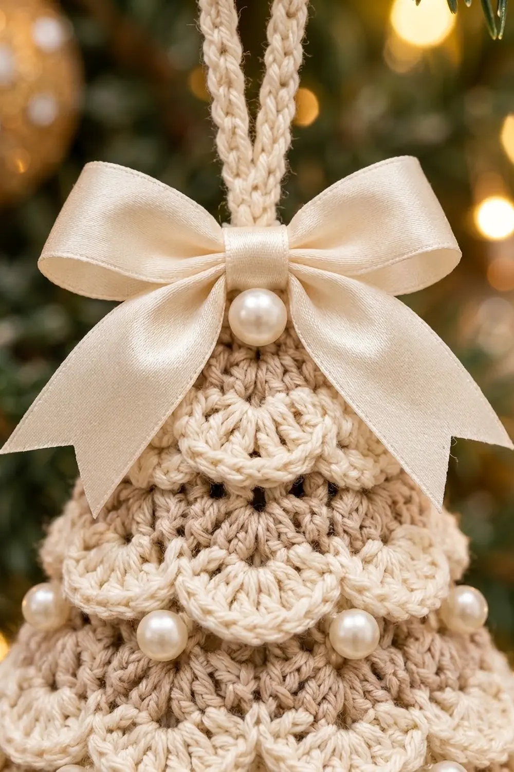Cream crocheted ornament with white pearls and ribbon bow hanging from braided cord against holiday lights.
