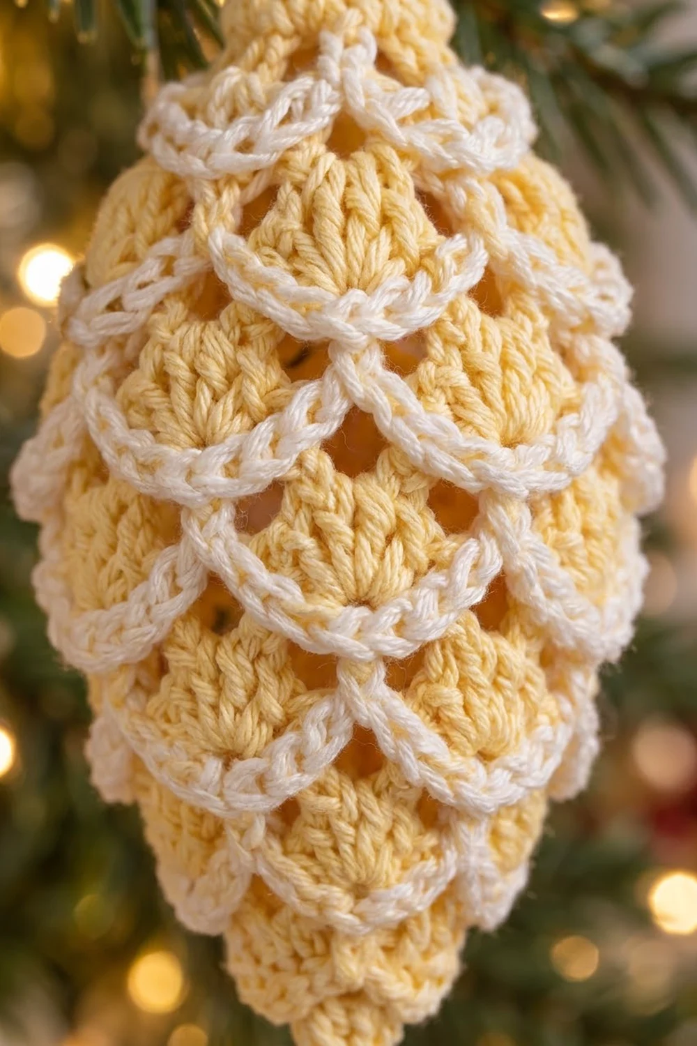 Crocheted ornament in cream and pale yellow with openwork stitch detail, photographed against blurred holiday lights.
