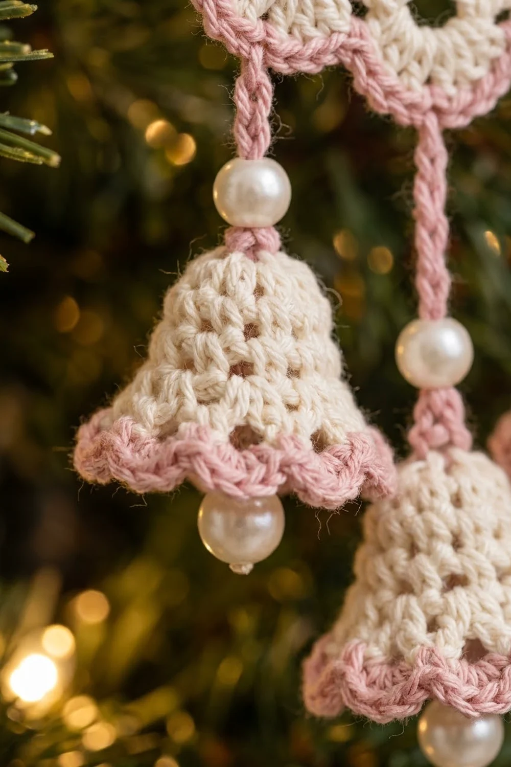 Cream-colored crocheted bell ornaments with pink trim and pearl beads dangling among evergreen branches with warm bokeh lights.