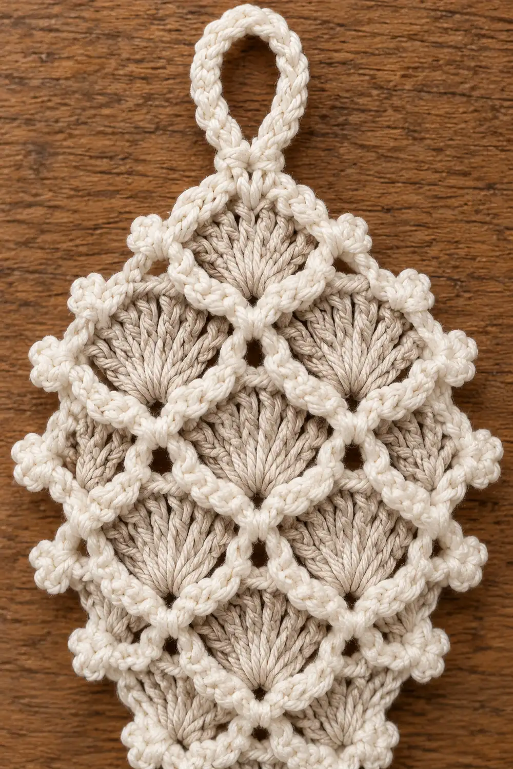 Handmade macramé wall hanging with twisted rope knots in cream and tan tones on wooden background.