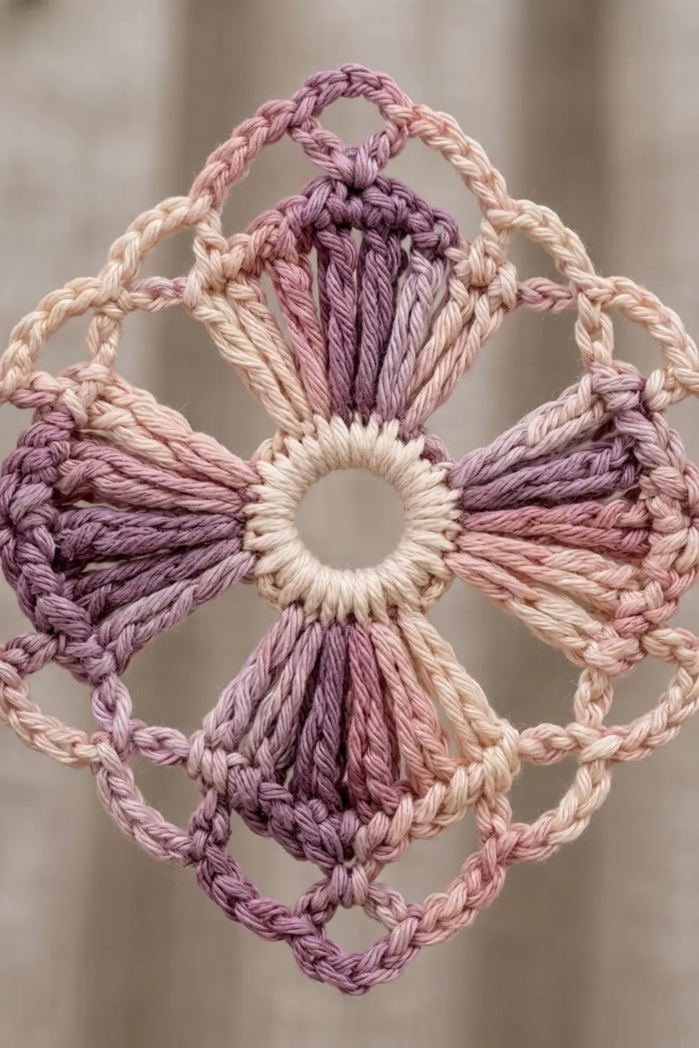 Close-up of an intricately crocheted mandala featuring purple and cream twisted yarn in a symmetrical petal design.