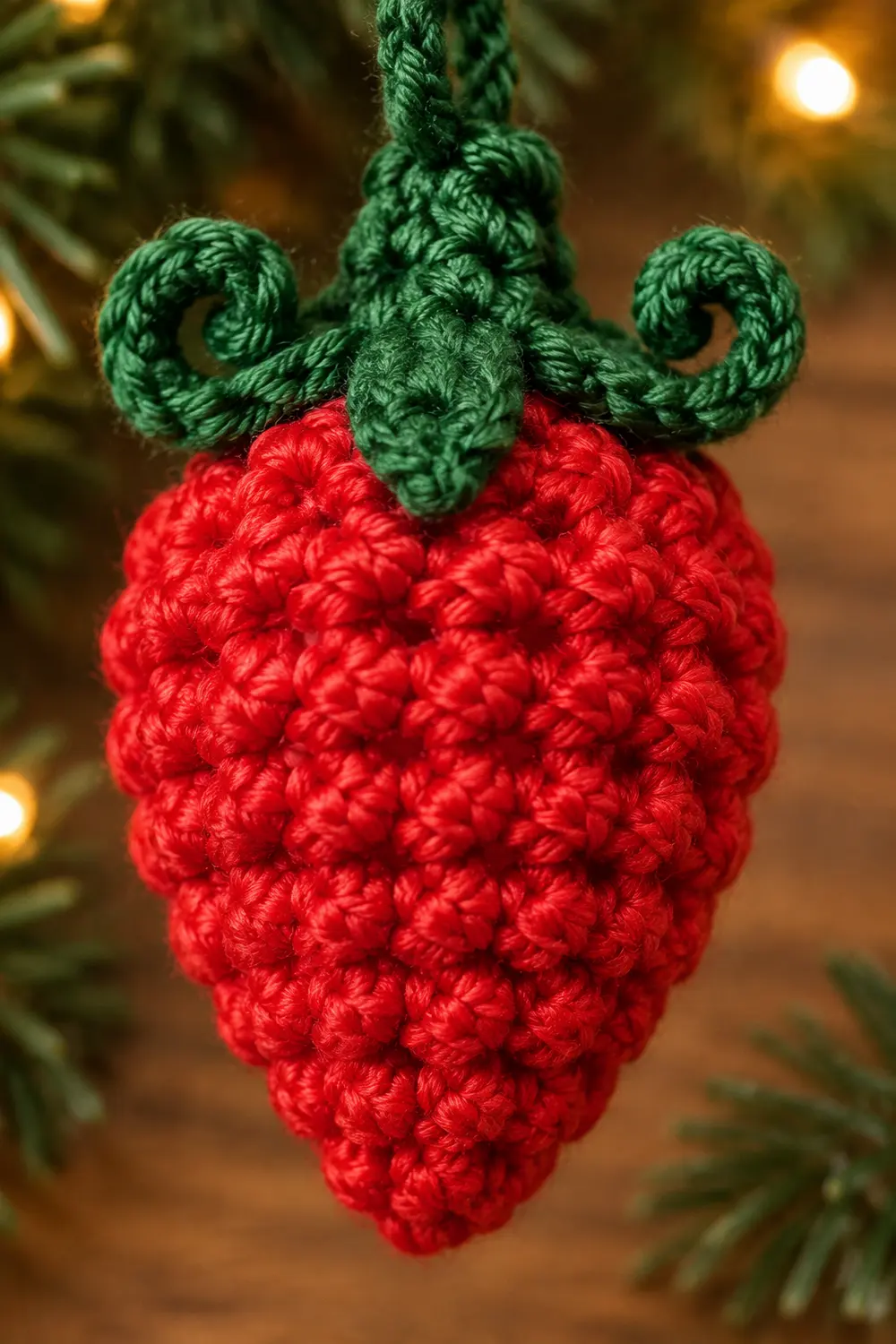 A crocheted red strawberry ornament with green leafy top hanging from a string against a blurred festive background.