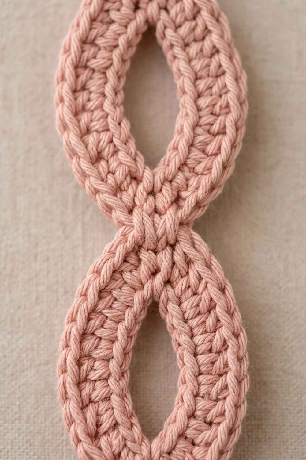Close-up of a crocheted cable stitch in soft dusty rose yarn showing detailed braided texture.