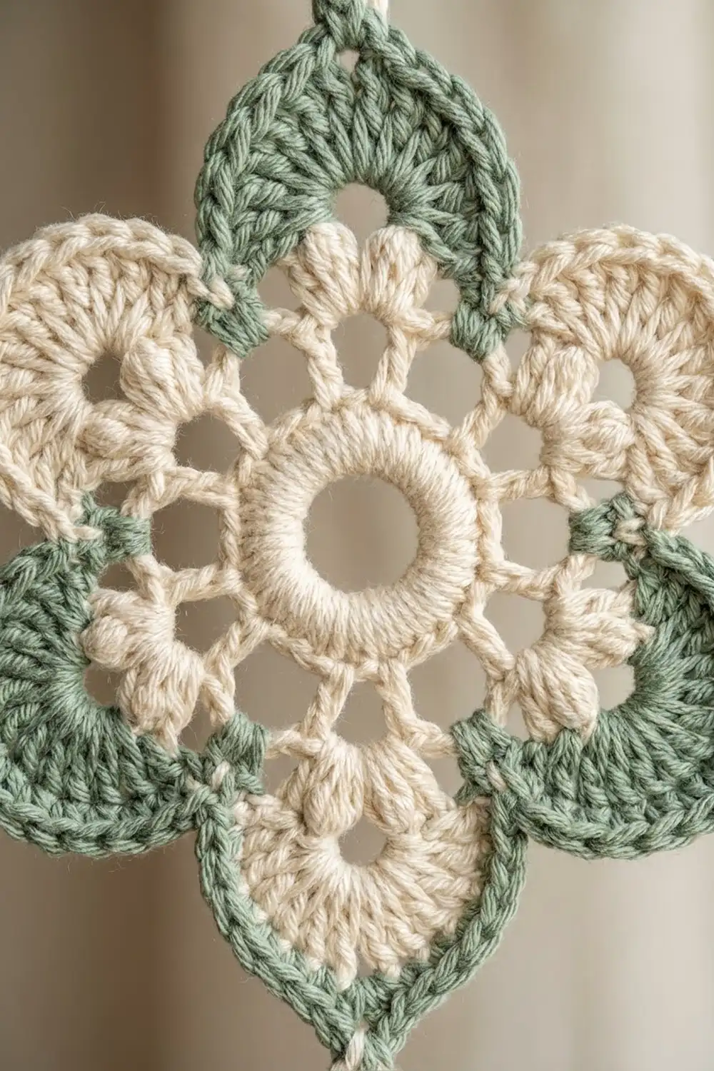 Close-up of crocheted snowflake motif with natural cream and muted sage green yarn creating intricate lacework detail.