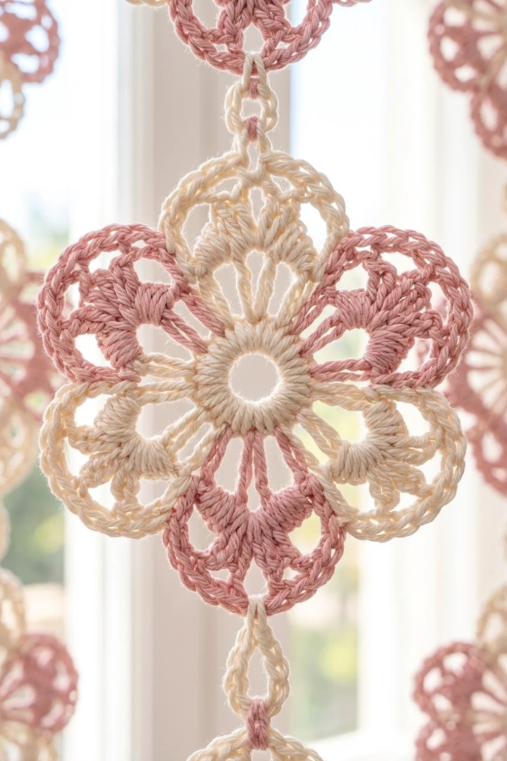 Delicate crocheted snowflake ornament in cream and mauve pink yarn hanging illuminated by bright window light.