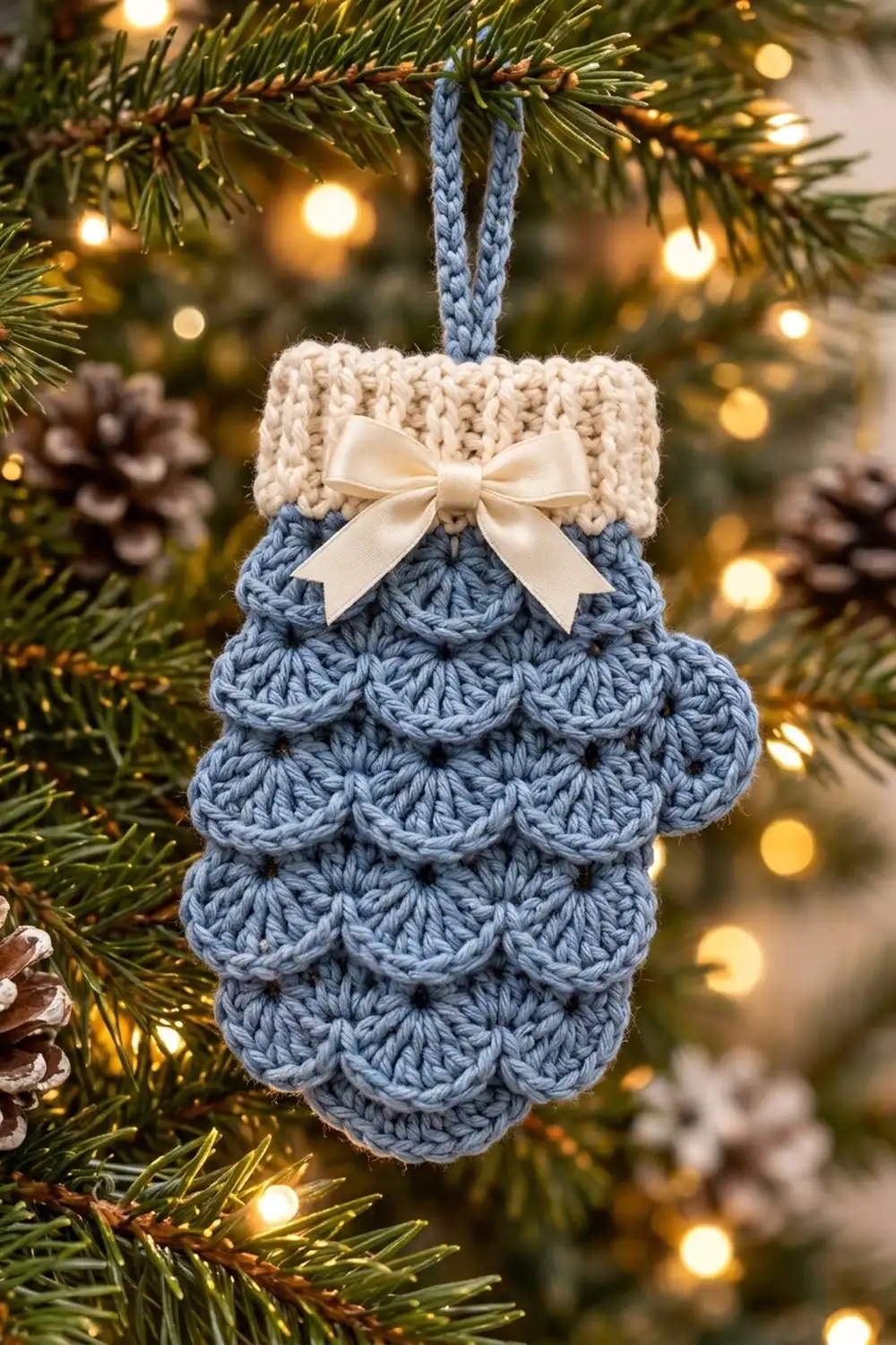 Handmade crocheted mitten in blue with cream cuff and satin bow hanging on pine branches with warm lights.