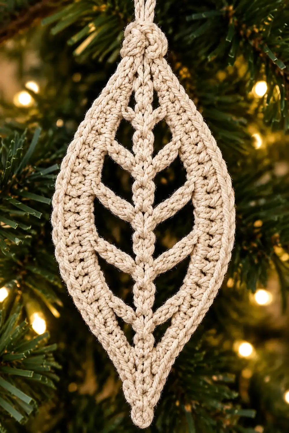 Cream-colored crocheted diamond ornament with geometric cutout pattern hanging on evergreen tree with warm lights.