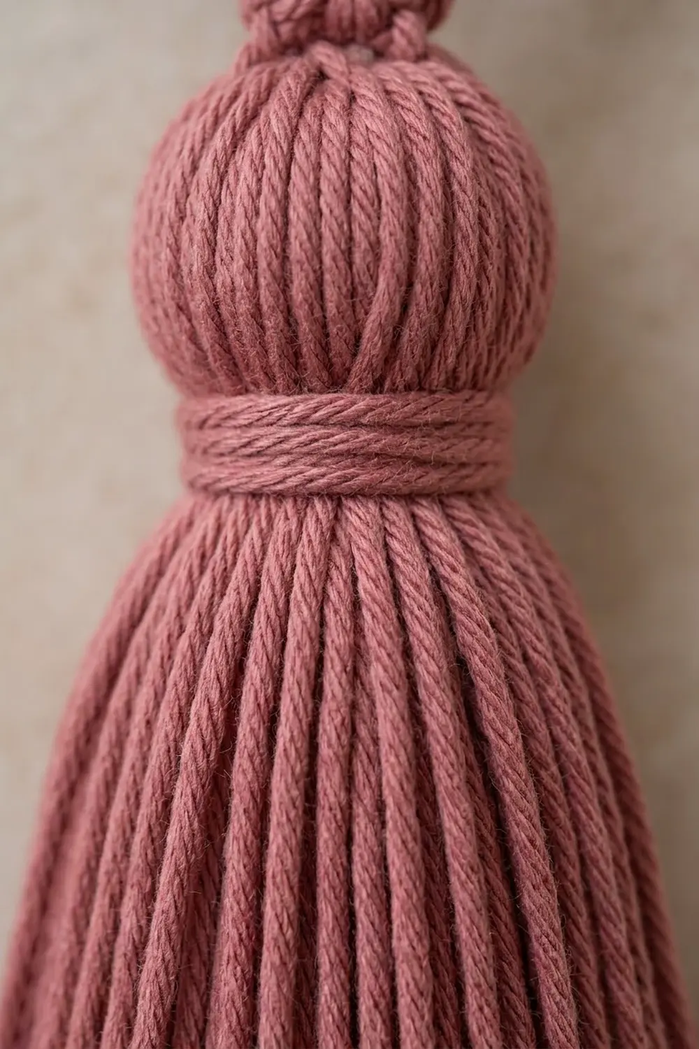 Dusty rose yarn tassel with ribbed texture, cinched center band, against soft blurred neutral background.