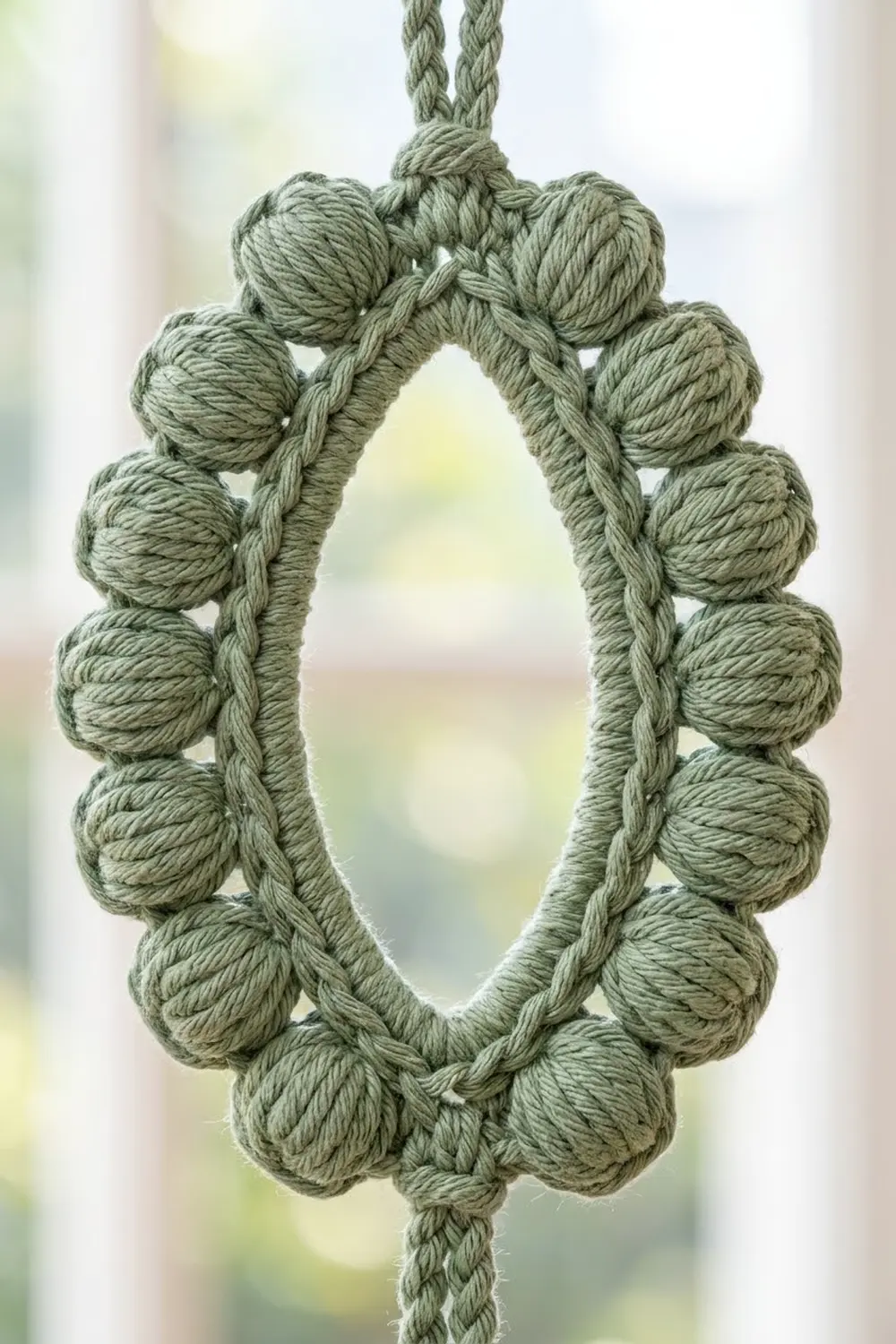 Sage green crocheted oval frame with textured knots along braided edges, suspended against a soft blurred background.