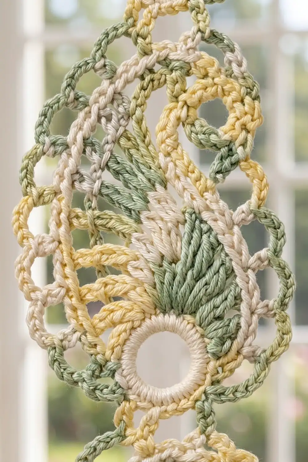 Delicate crochet rings in cream, sage green, pink, and golden yellow yarn with interlocking loops and blurred outdoor background.