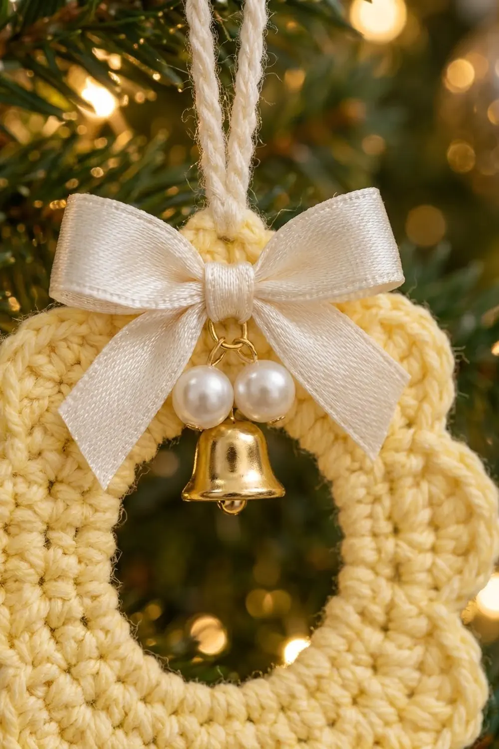 Pale yellow crocheted ornament with white bow, pearl beads, and gold bell hanging on a Christmas tree with warm lights.