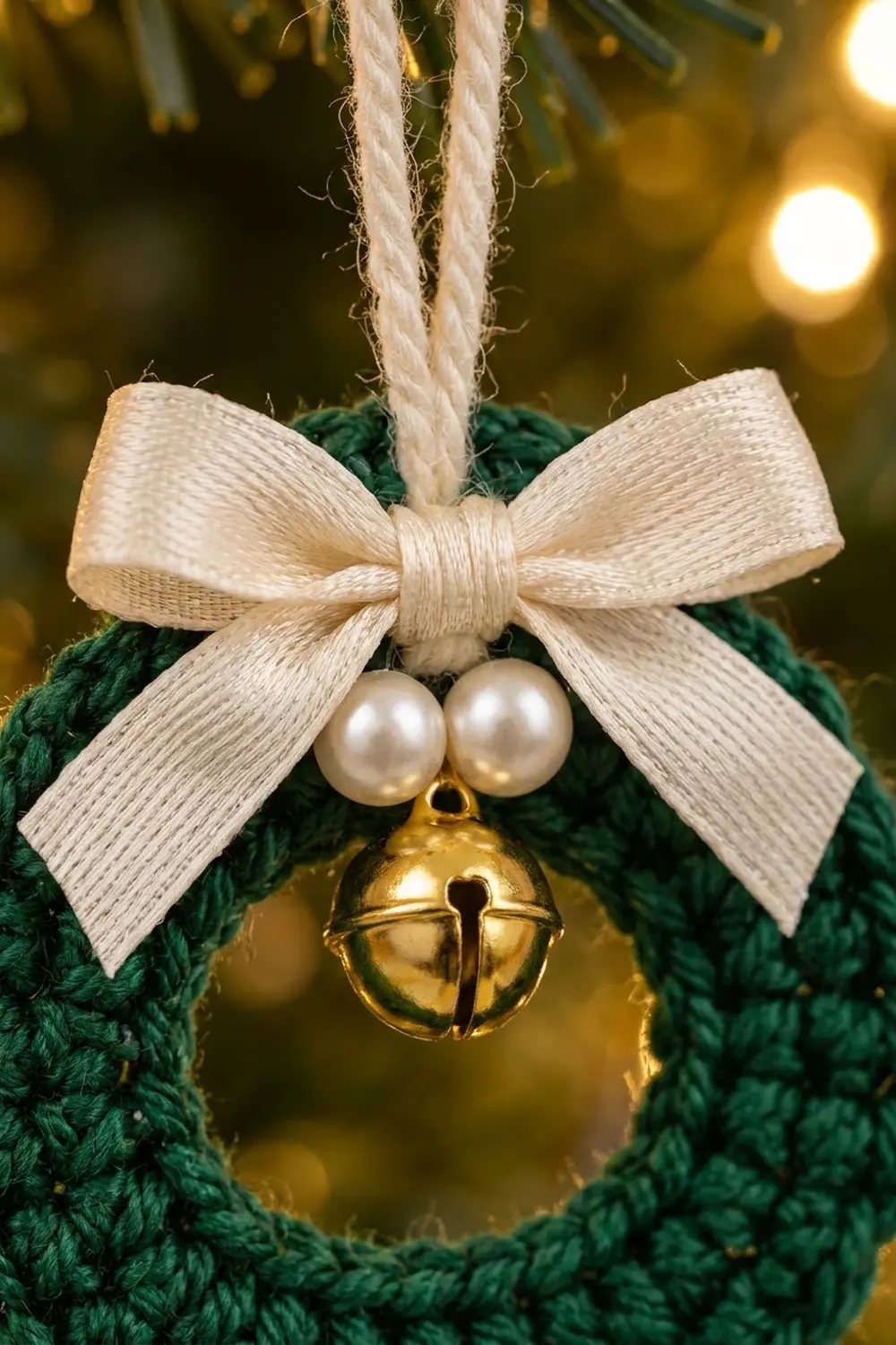 Ivory ribbon bow with pearl beads and tiny gold bell hanging from dark green crocheted wreath with warm bokeh background.
