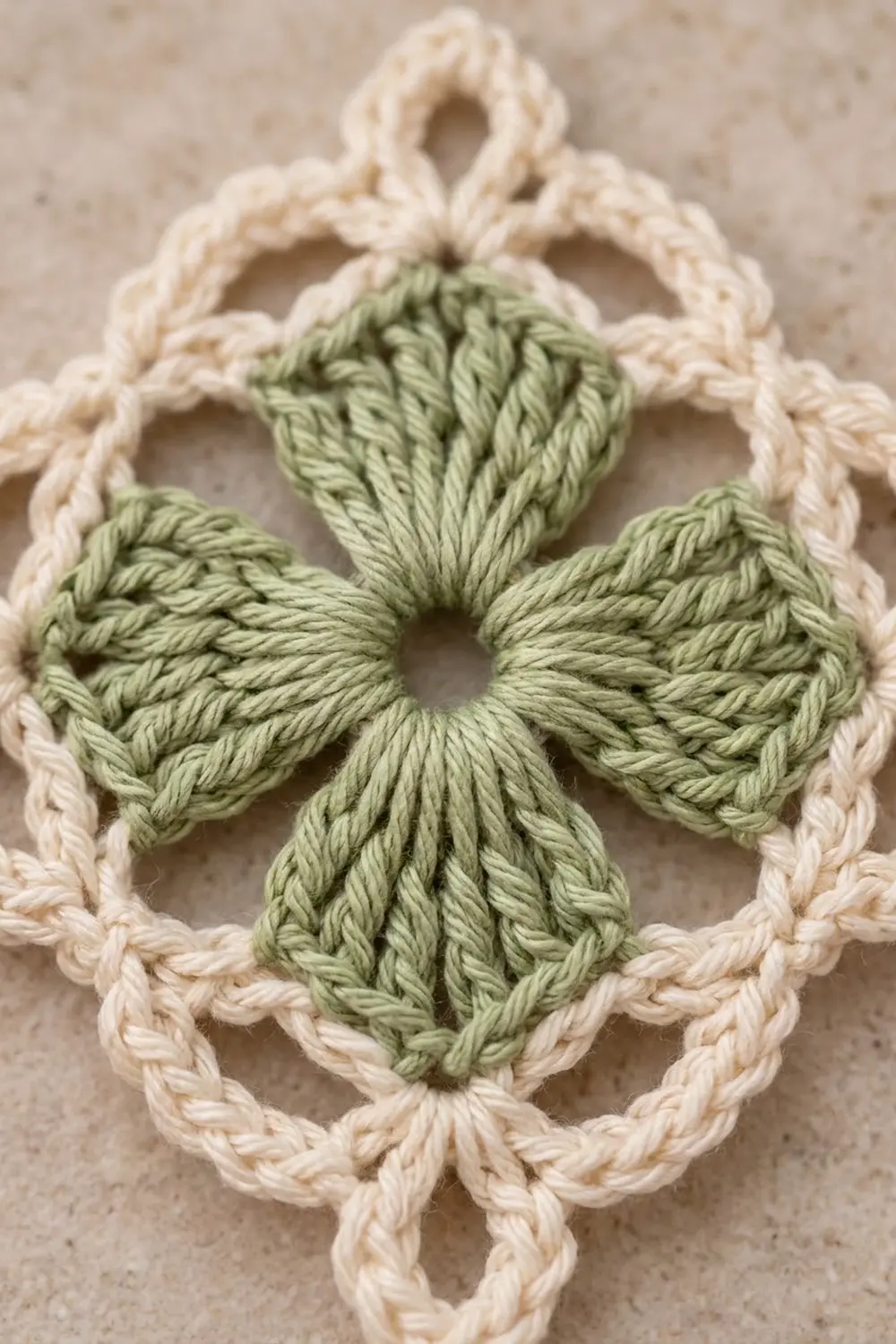 A sage green crocheted flower with four petals framed by cream twisted rope edging on beige fabric.