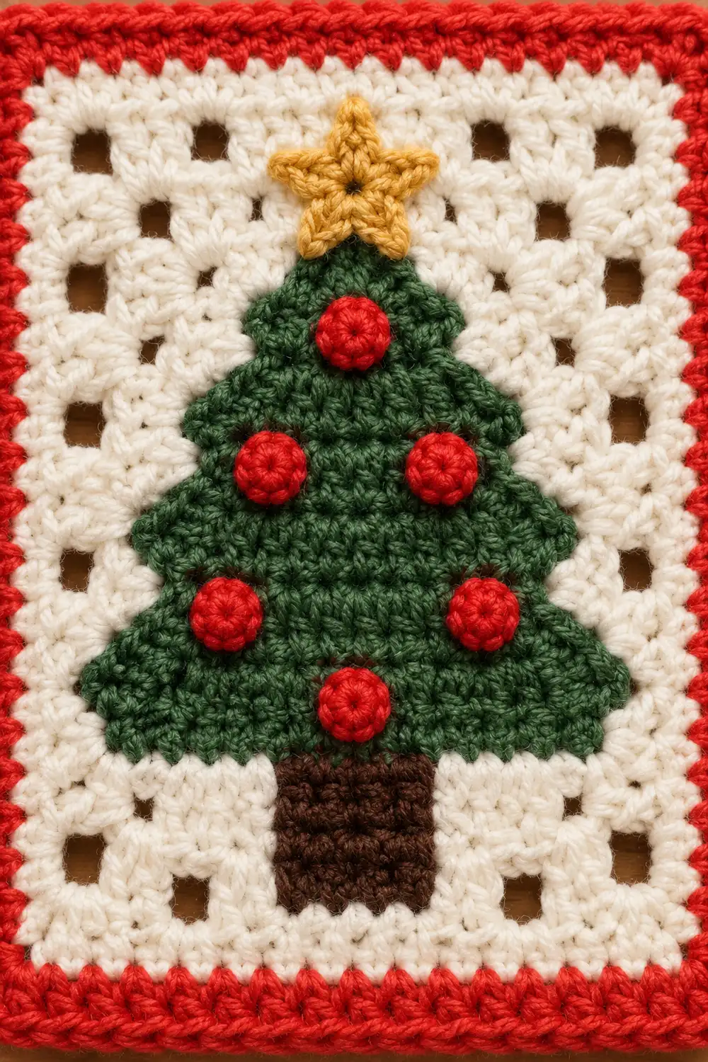 Crocheted Christmas tree ornament with green body, red baubles, gold star, and brown trunk on white background.