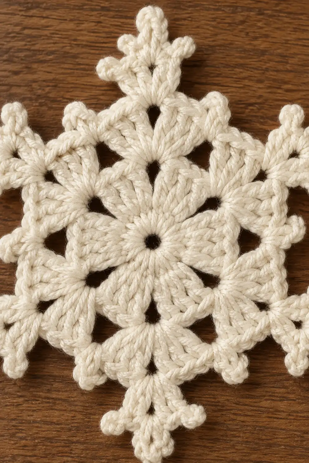 A cream-colored crocheted snowflake ornament with intricate geometric patterns displayed on a wooden surface.