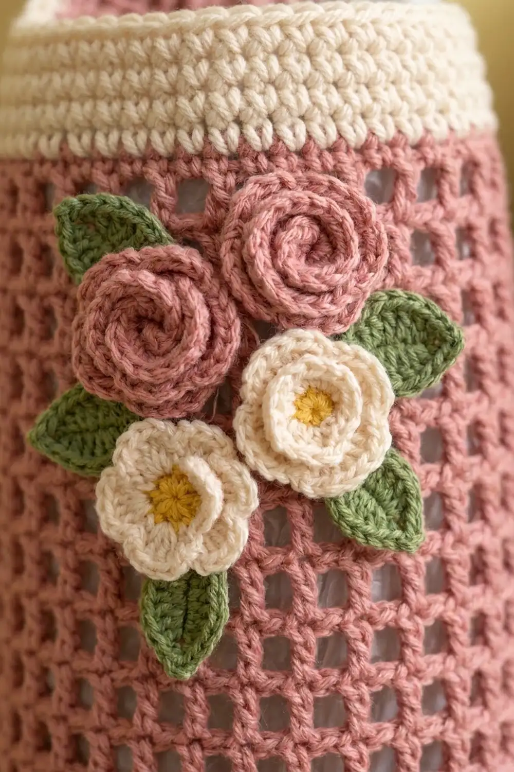 Crocheted cream and mauve flowers with yellow centers and green leaves on a pink open-weave blanket with cream trim.