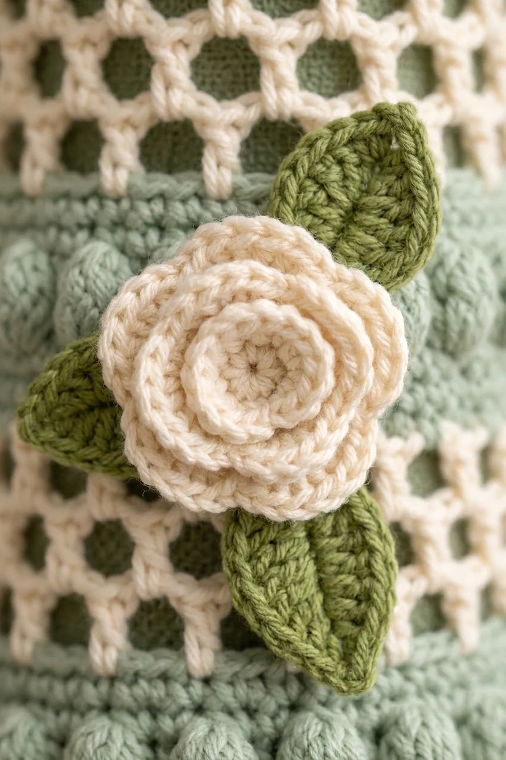 Delicate cream-colored crocheted flower with olive leaves on a patterned cream and sage knit background.